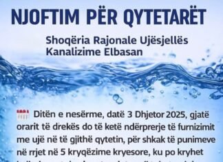 Ujësjellës Kanalizime Elbasan njofton qytetarët: në 3 dhjetor ndërprerje për shkak të punimeve…